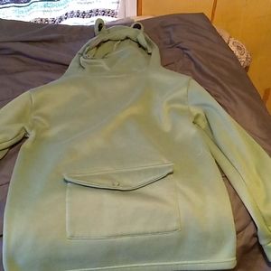 Green frog sweater with zip up hood and button pocket